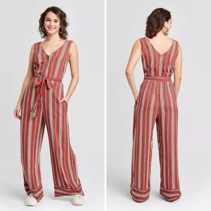 Striped Sleeveless Button-Front Belted Jumpsuit
